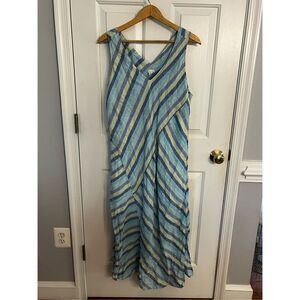 J. Jill Love Linen Blue & Green Mixed Stripe Sleeveless Maxi Dress sz XL EUC